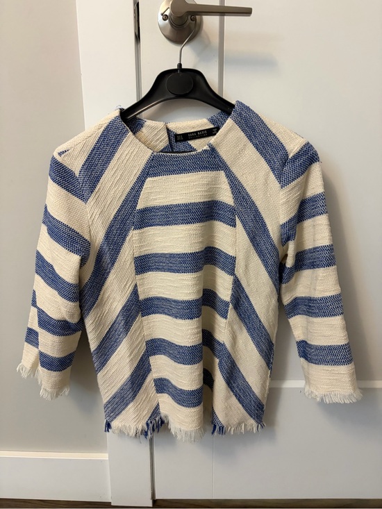 Zara Tops - Zara Blue and Cream Striped Fringe-Hem Crew Sweater